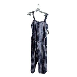 Dex Cropped Linen Blend Belted Sleeveless Jumpsuit Navy/Red Striped - Size Large